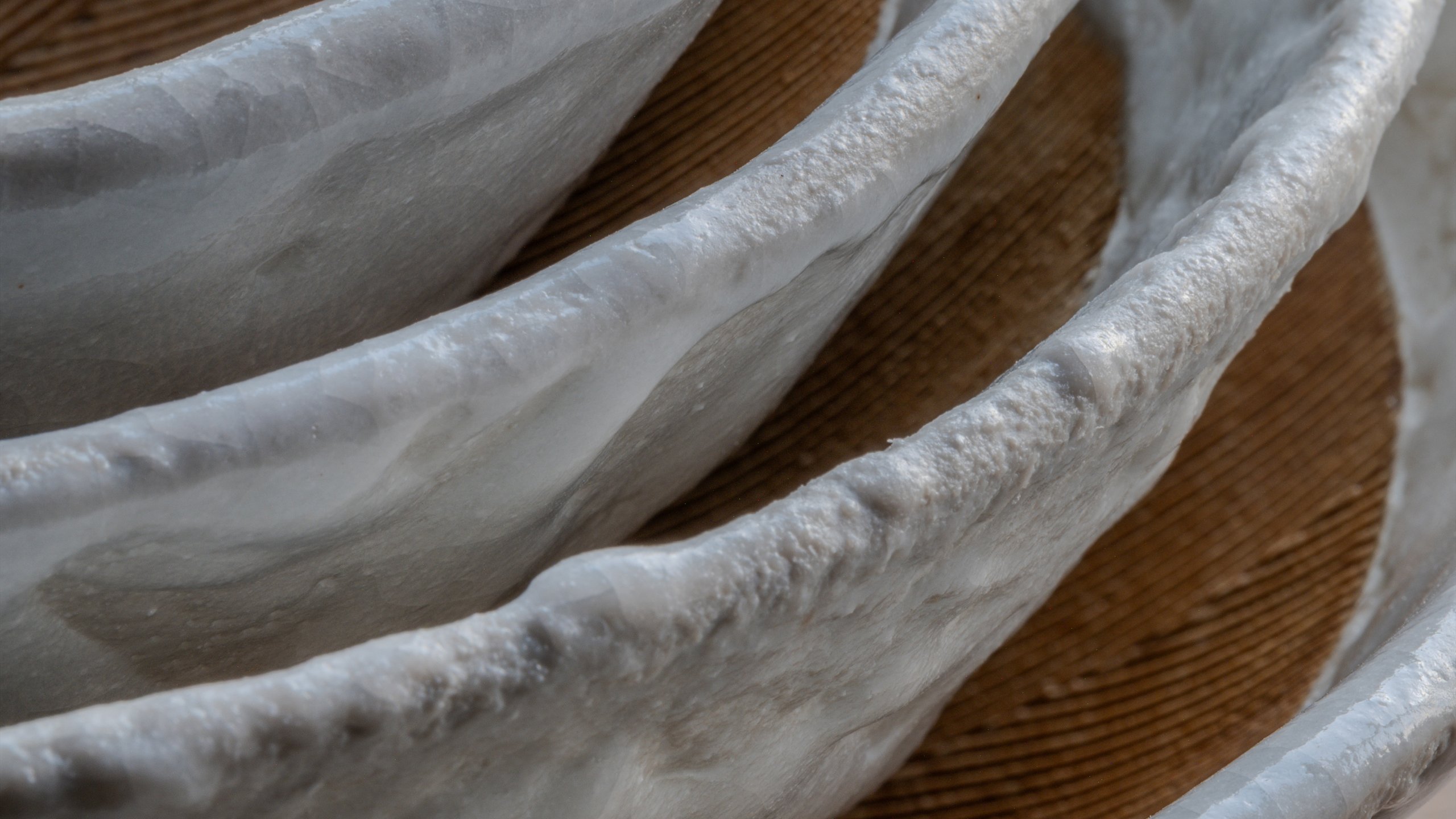 Nested Shino suribachi: thick glazed rims and hand-cut grooves